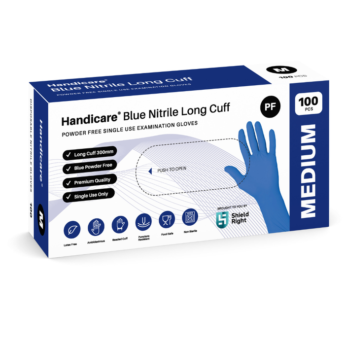 HandiCare Blue Nitrile Long Cuff Powder Free Gloves