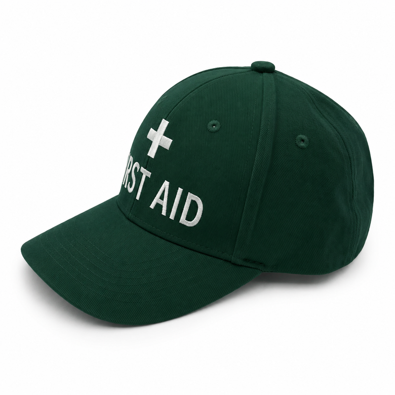 First Aid Cap — Green, 100% Cotton, 6-Panel, One Size Fits Most