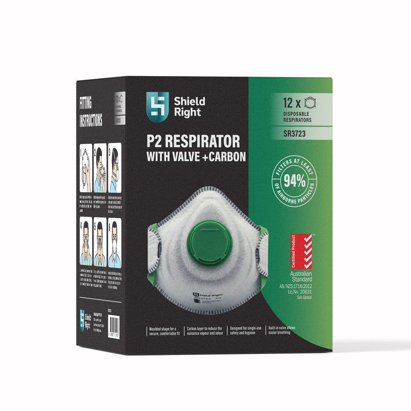 P2 Moulded Disposable Respirator, Valved with Carbon Filter – 12 Pack