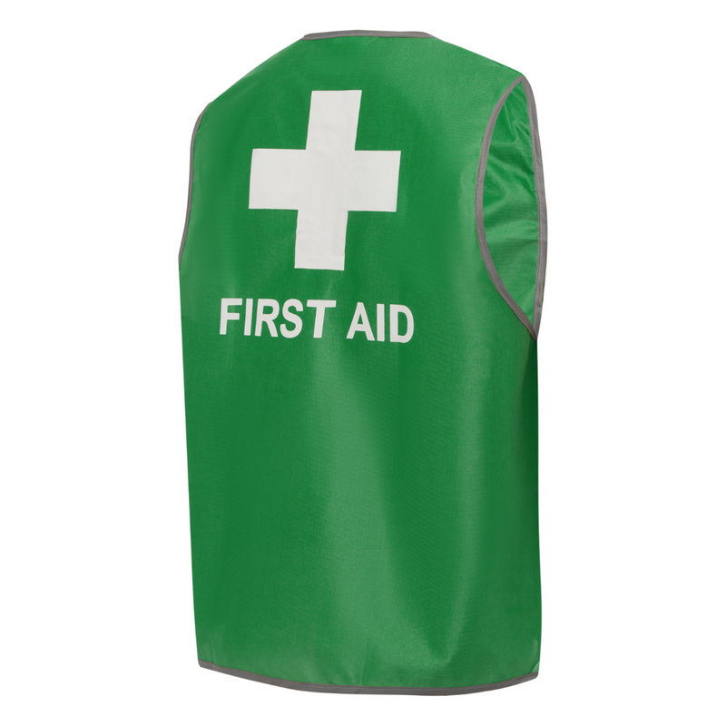 HiVis First Aid Green Tricot Vest, First Aid Logo & Letters Printed Front & Back