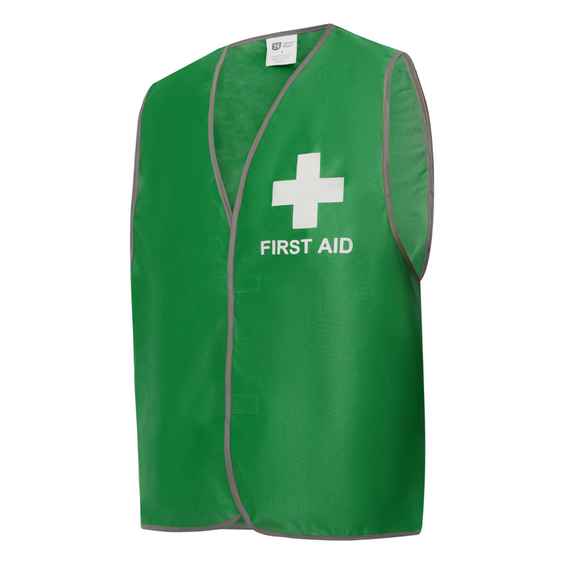HiVis First Aid Green Tricot Vest, First Aid Logo & Letters Printed Front & Back