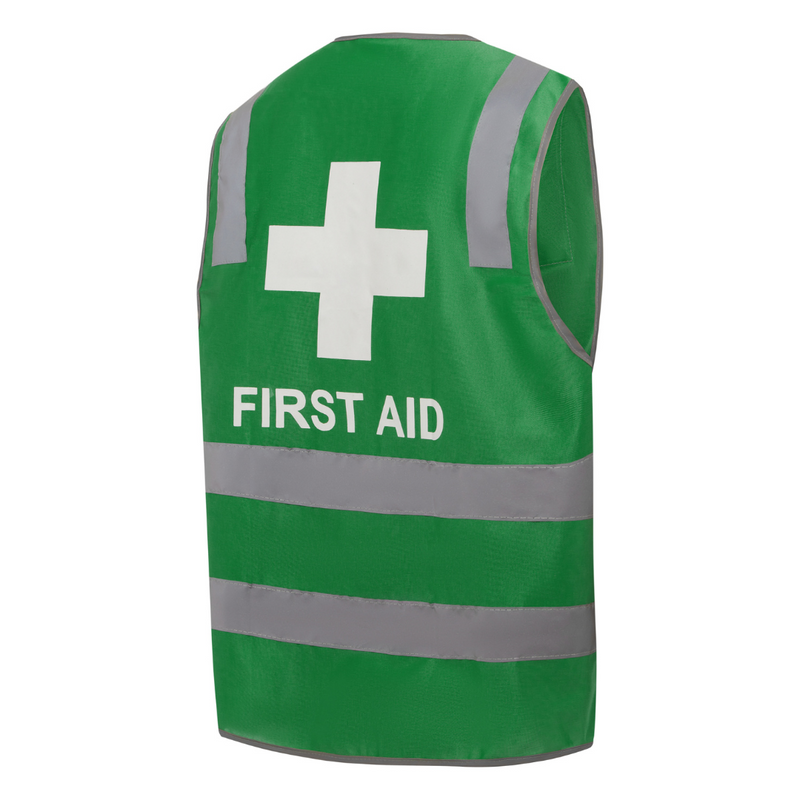 Hi-Vis Reflective First Aid Vest,  First Aid Logo & Letters Printed Front & Back