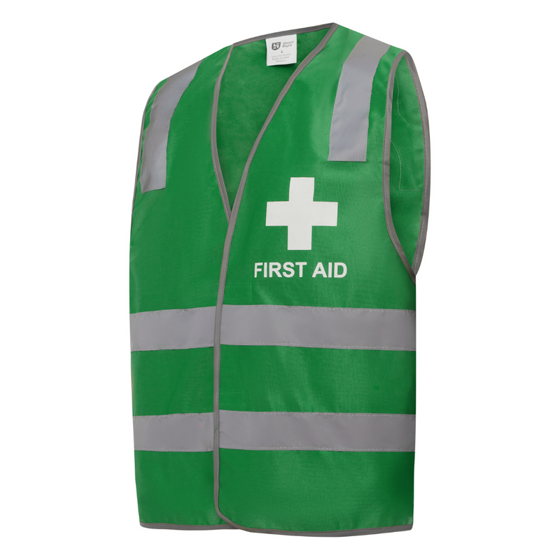 Hi-Vis Reflective First Aid Vest,  First Aid Logo & Letters Printed Front & Back
